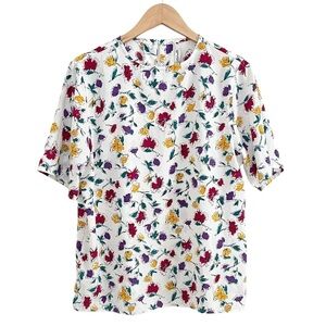 Vintage White Floral Crepe Boxy Blouse